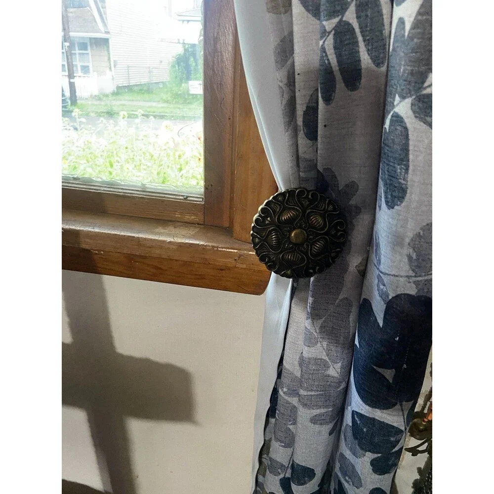 3 Vintage Ornate Brass Round Medallion Curtain Drapery Hold Backs Tiebacks MCM